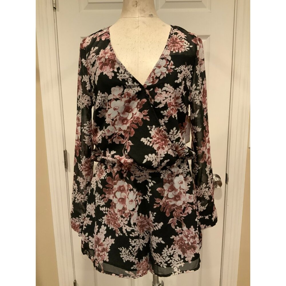 Free People Black W/ Purple & White Floral Long Sleeve Romper W/ Shorts, Size S